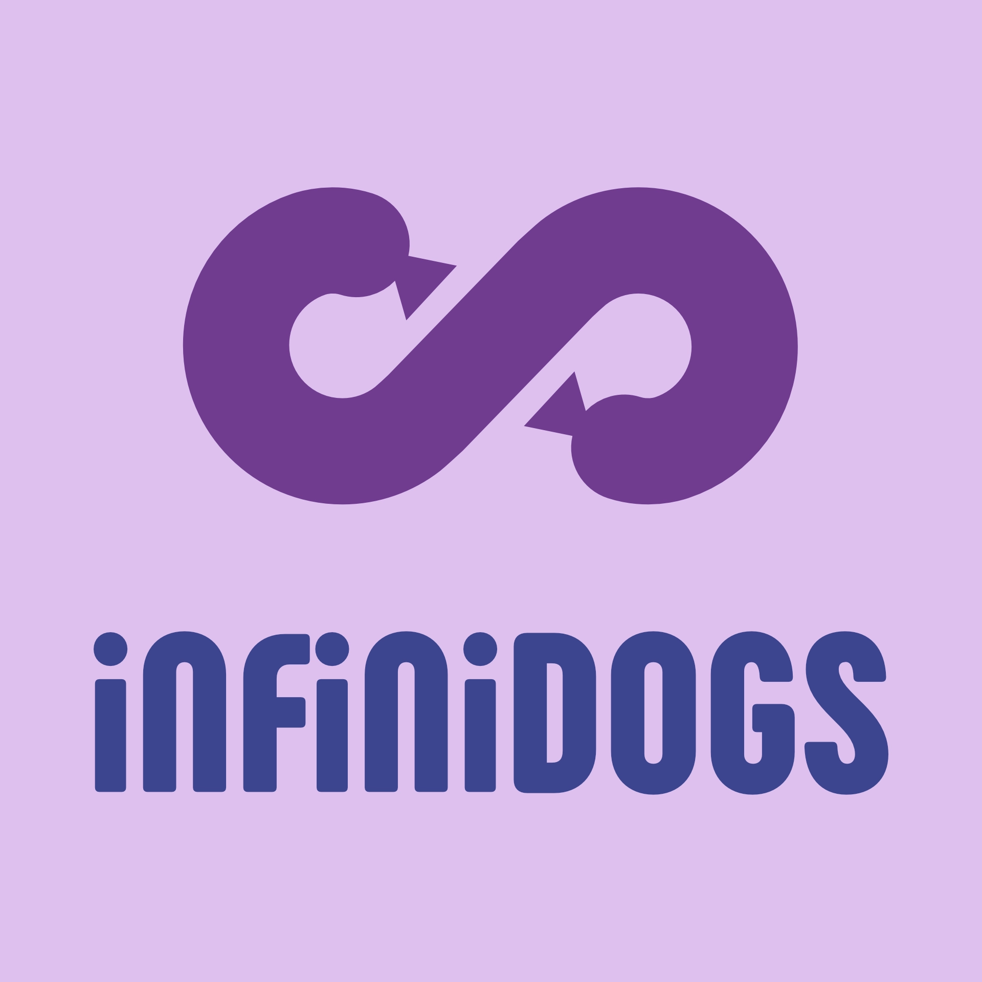 A purple logo depicting an infinity symbol made out of a hotdog. The text reads 'INFINIDOGS' in a rounded font with lowercase i's.